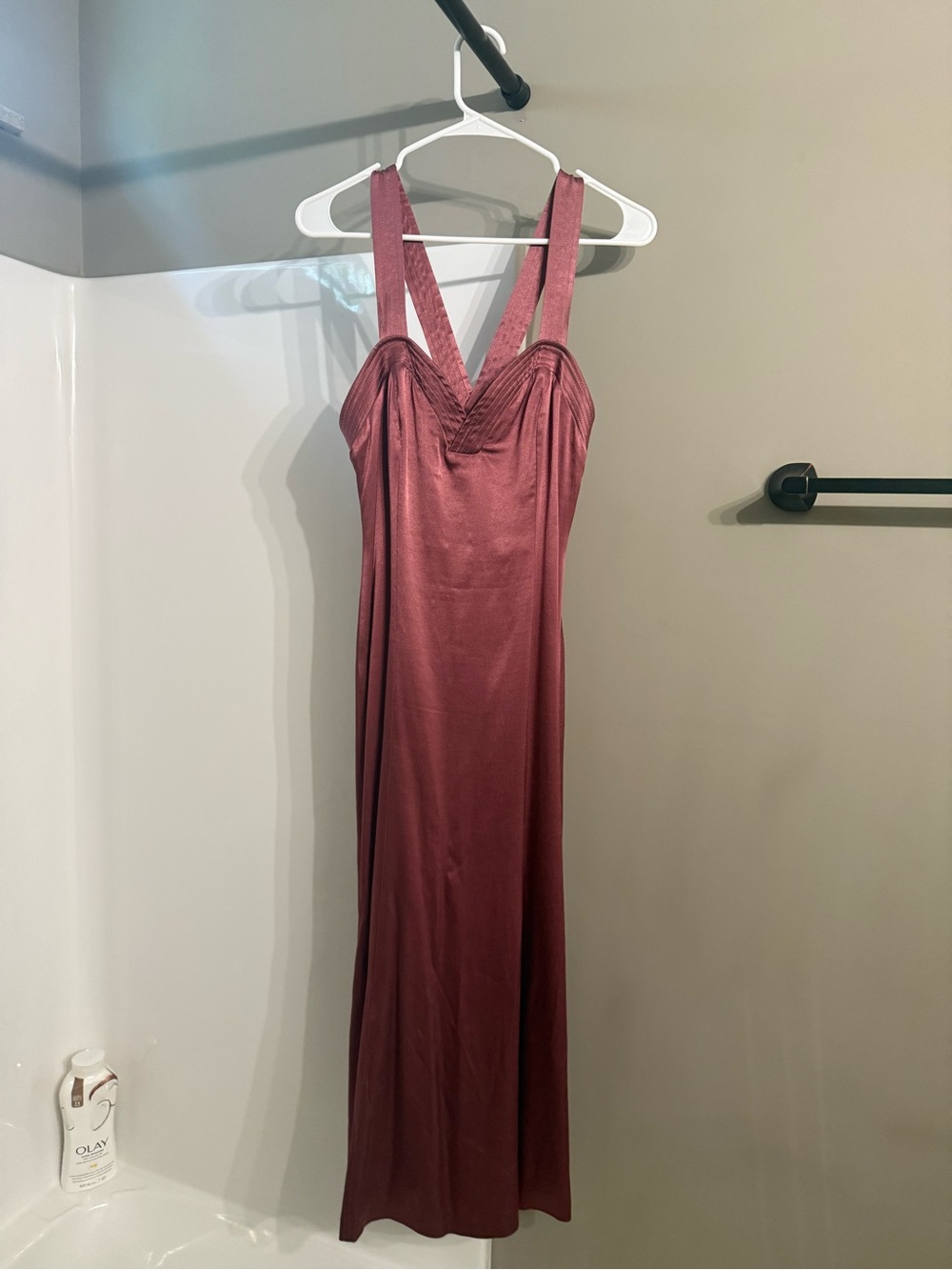 Anthropologie Satin Mauve-Burgundy V-Strap Maxi Dress
